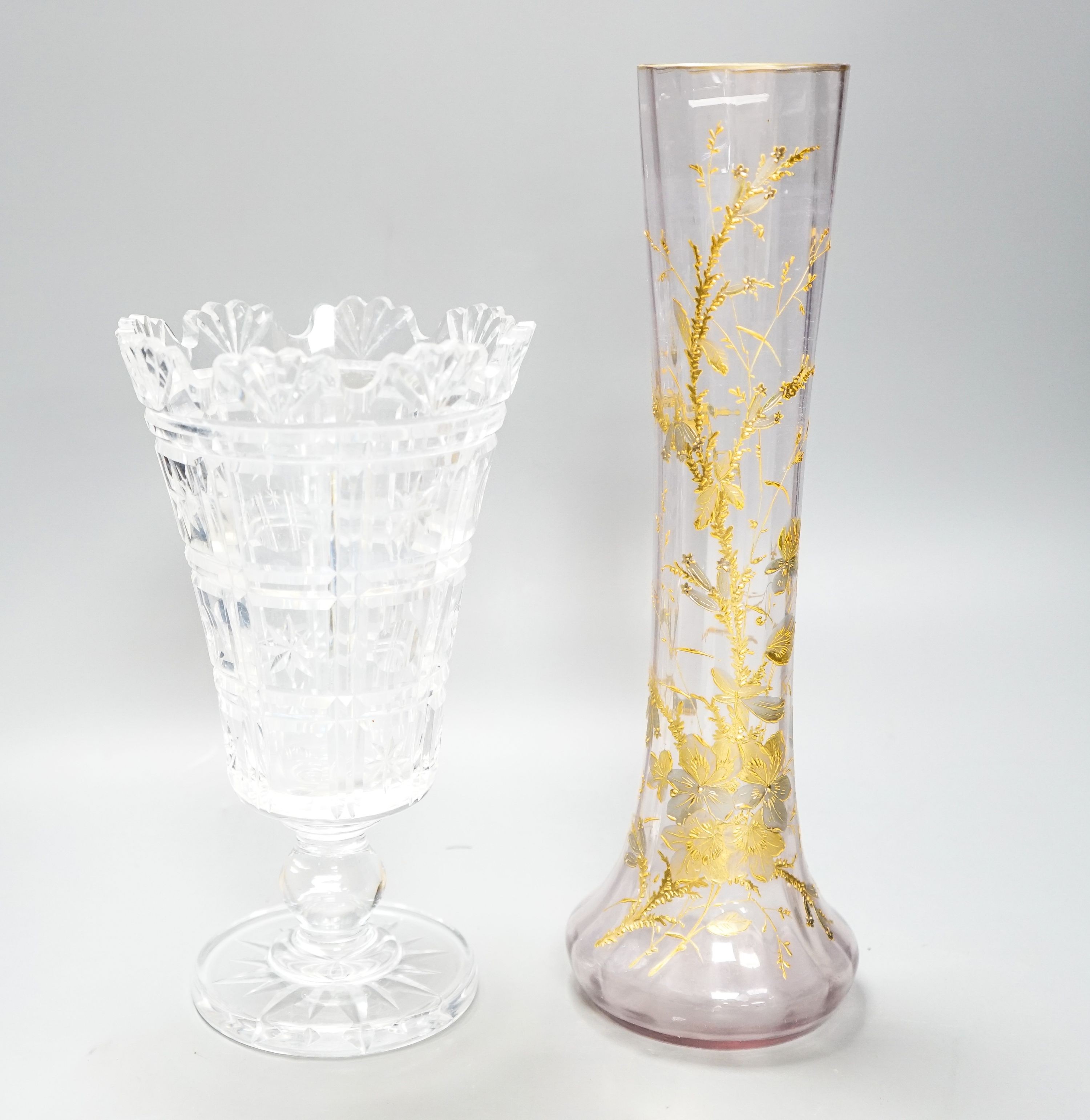 A Bohemian gilt decorated glass vase and a Waterford cut glass vase, tallest 33 cm